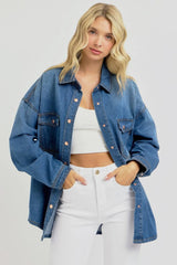 RISEN Full Size Snap Down Long Sleeve Denim Shacket - Wellen Fashion