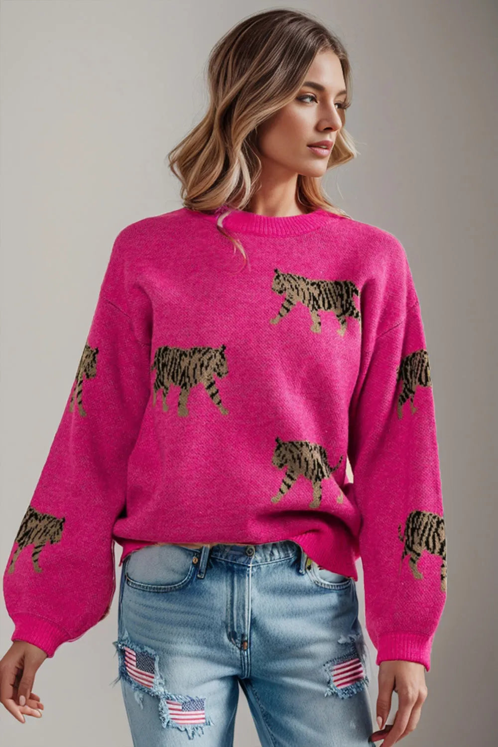 Tiger Pattern Round Neck Drop Shoulder Sweater - Wellen Fashion