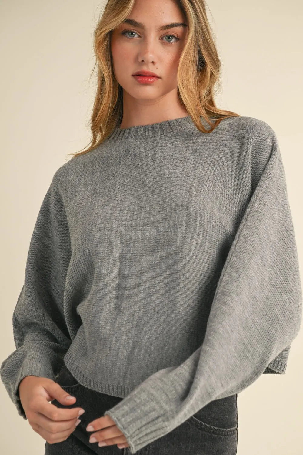 Mable Round Neck Dolman Sleeve Cropped Sweater - Wellen Fashion