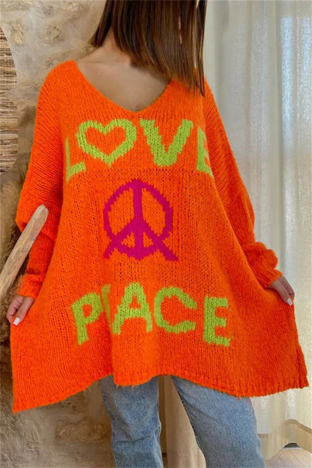 Peace Graphic V-Neck Long Sleeve Sweater - Wellen Fashion