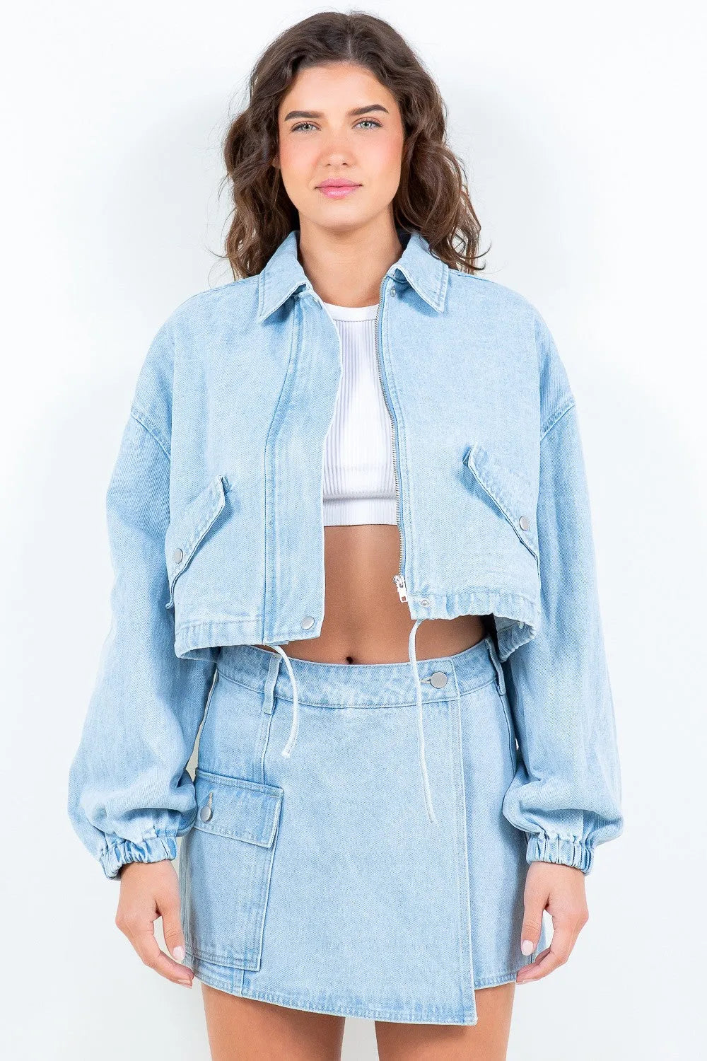 American Bazi Drawstring Waist Crop Denim Jacket - Wellen Fashion