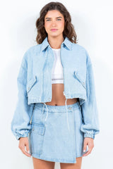 American Bazi Drawstring Waist Crop Denim Jacket - Wellen Fashion