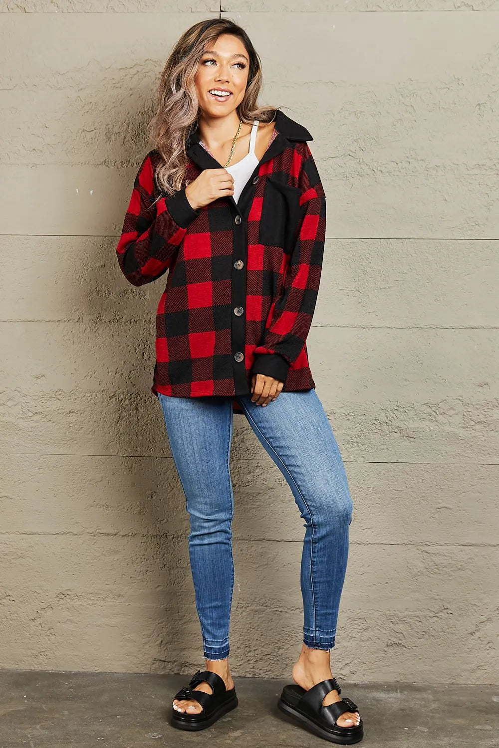 Heimish Make It Last Full Size Contrast Plaid Shacket - Wellen Fashion