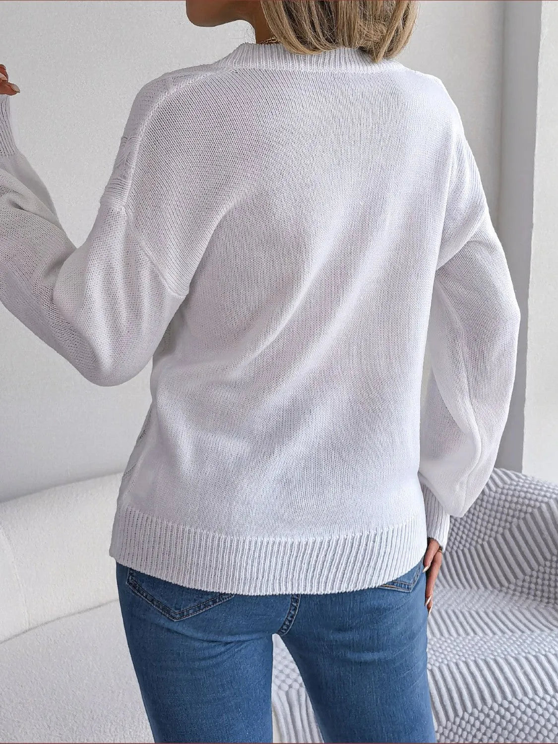 Cable-Knit Buttoned V-Neck Sweater - Wellen Fashion