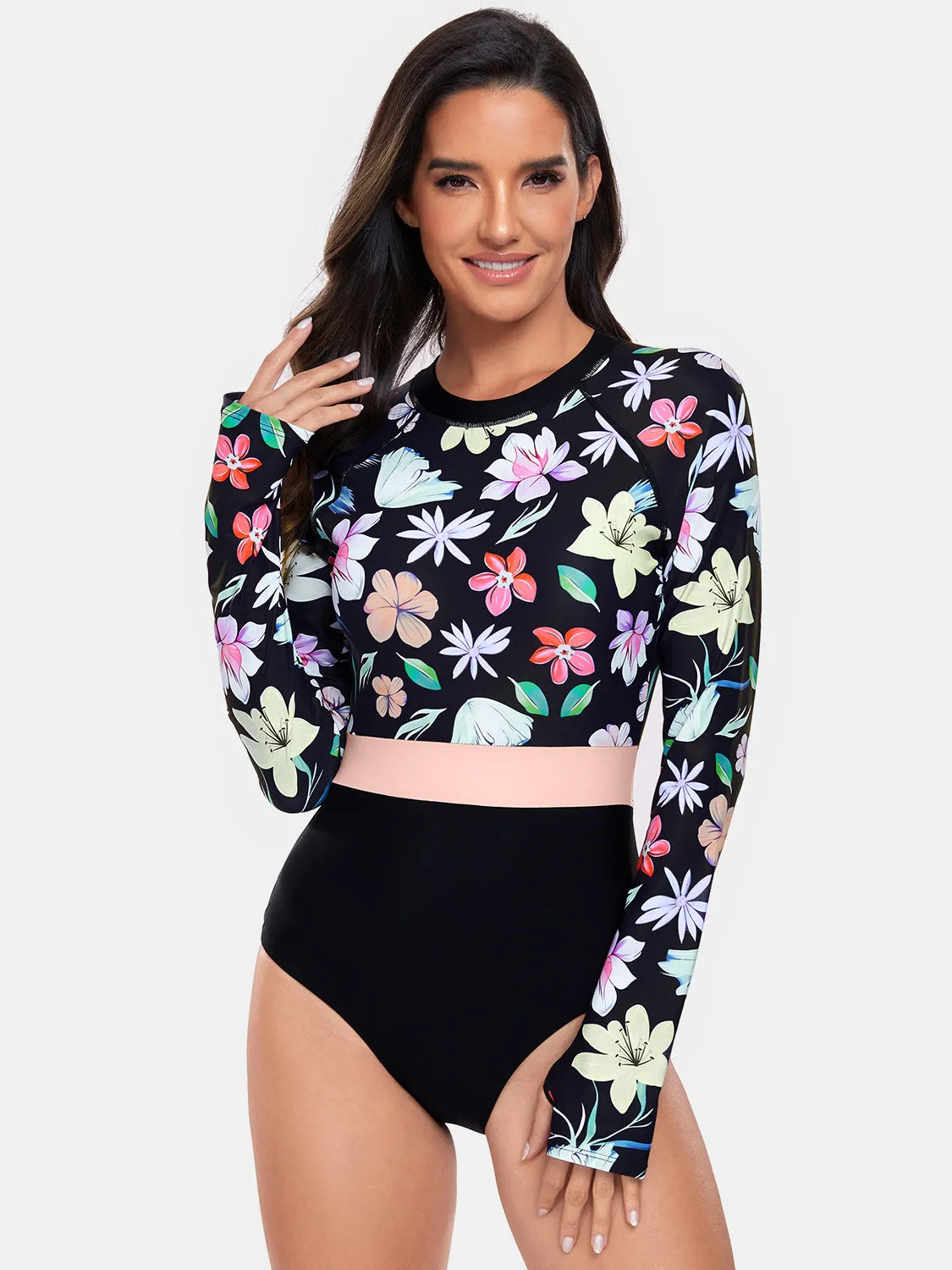 Flower Round Neck Long Sleeve One-Piece Swimwear - Wellen Fashion