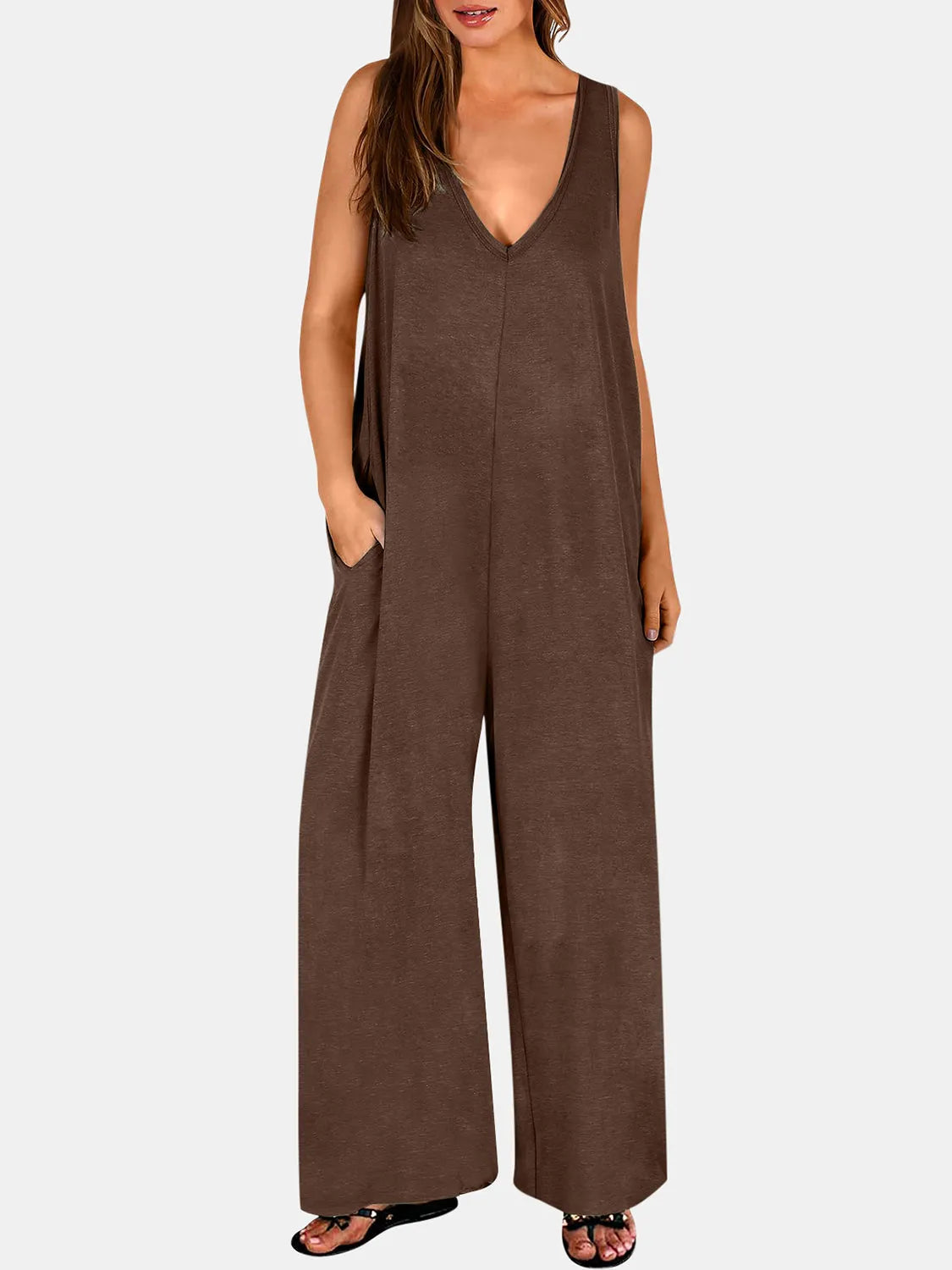 Full Size V-Neck Wide Strap Jumpsuit - Wellen Fashion