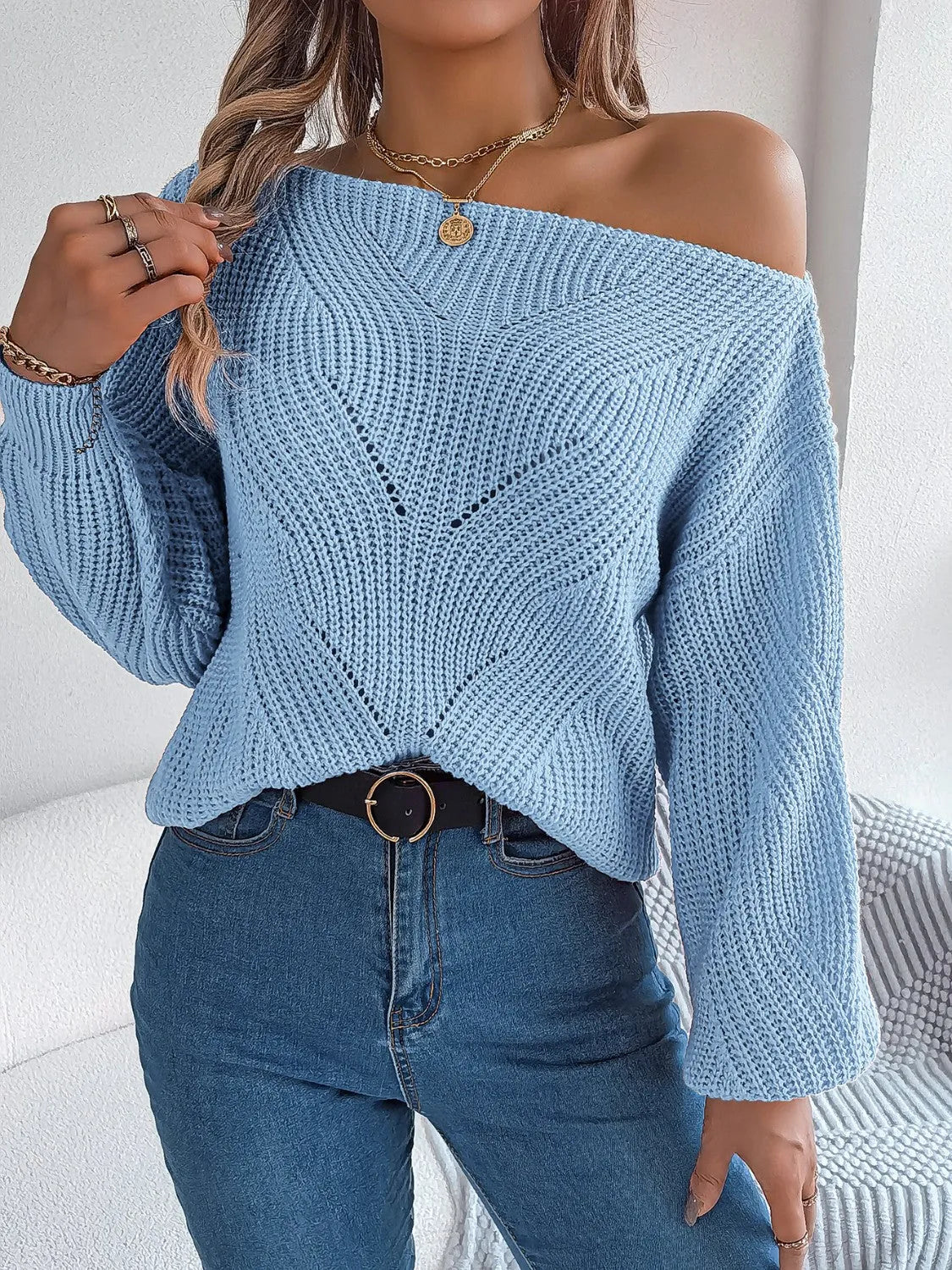 Openwork Long Sleeve Sweater - Wellen Fashion