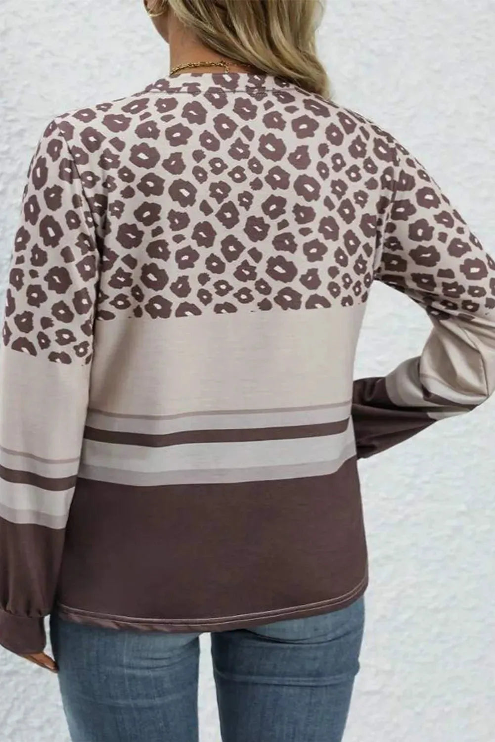 Plus Size Leopard Round Neck Long Sleeve Top - Wellen Fashion