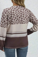 Plus Size Leopard Round Neck Long Sleeve Top - Wellen Fashion