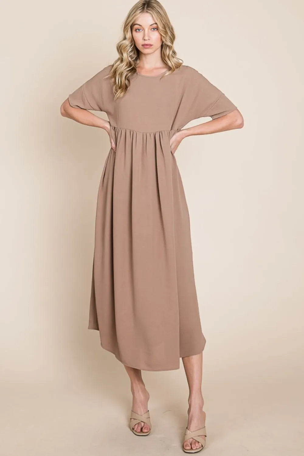 BOMBOM Round Neck Ruched Midi Dress - Wellen Fashion