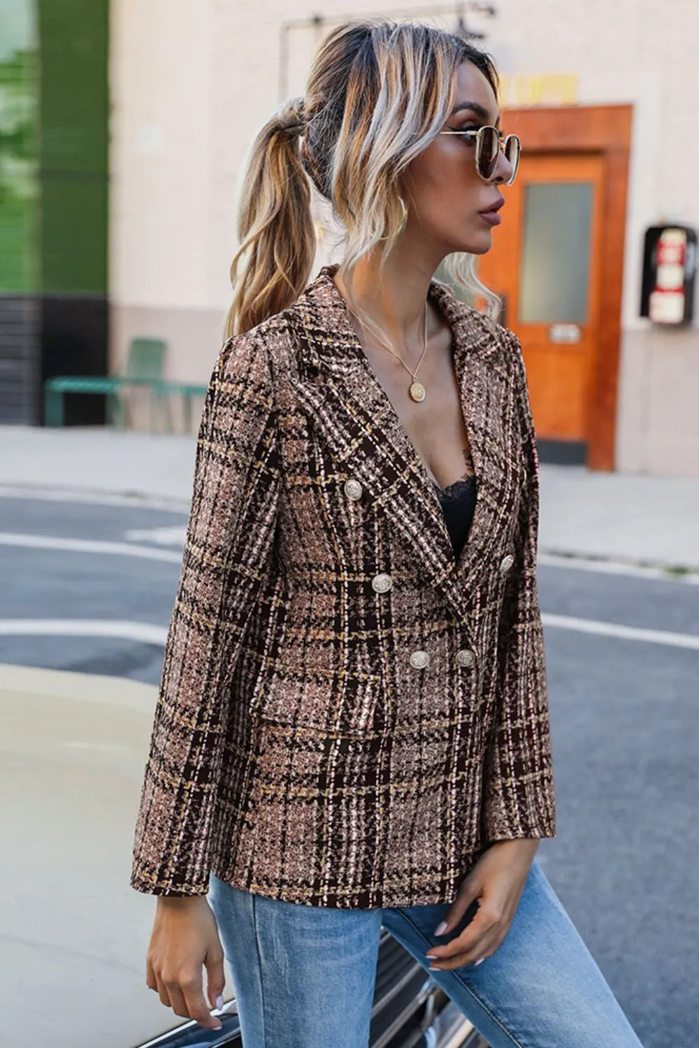 Full Size Plaid Buttoned Blazer - Wellen Fashion