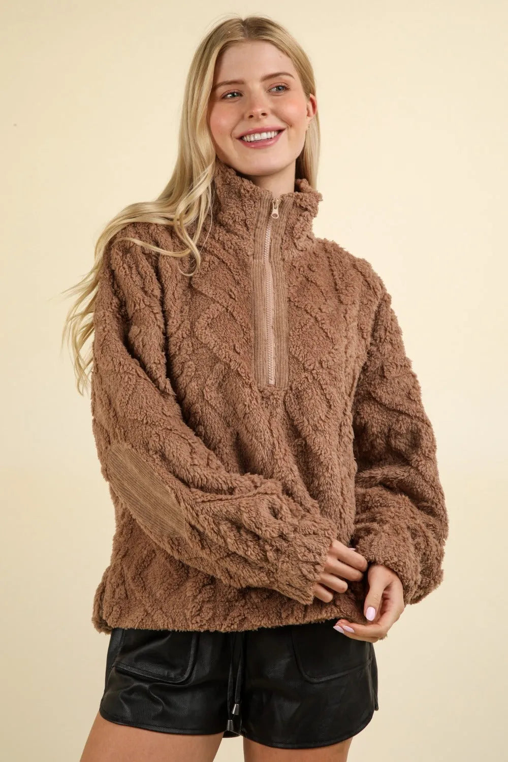 VERY J Fuzzy Fleece Half Zip Cable Pattern Sweatshirt - Wellen Fashion