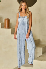 Square Neck Wide Strap Denim Overalls - Wellen Fashion