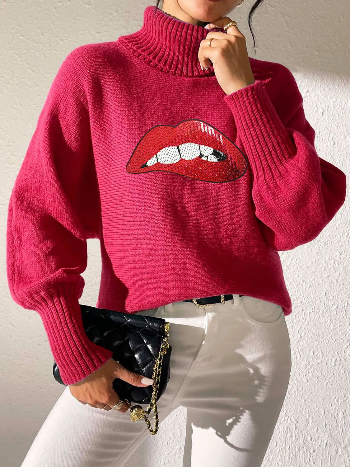 Lip Turtleneck Long Sleeve Sweater - Wellen Fashion