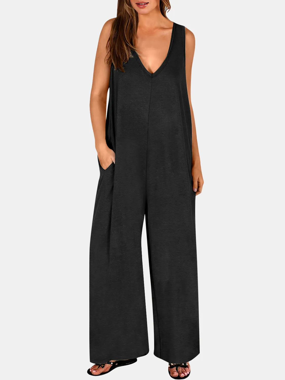 Full Size V-Neck Wide Strap Jumpsuit - Wellen Fashion