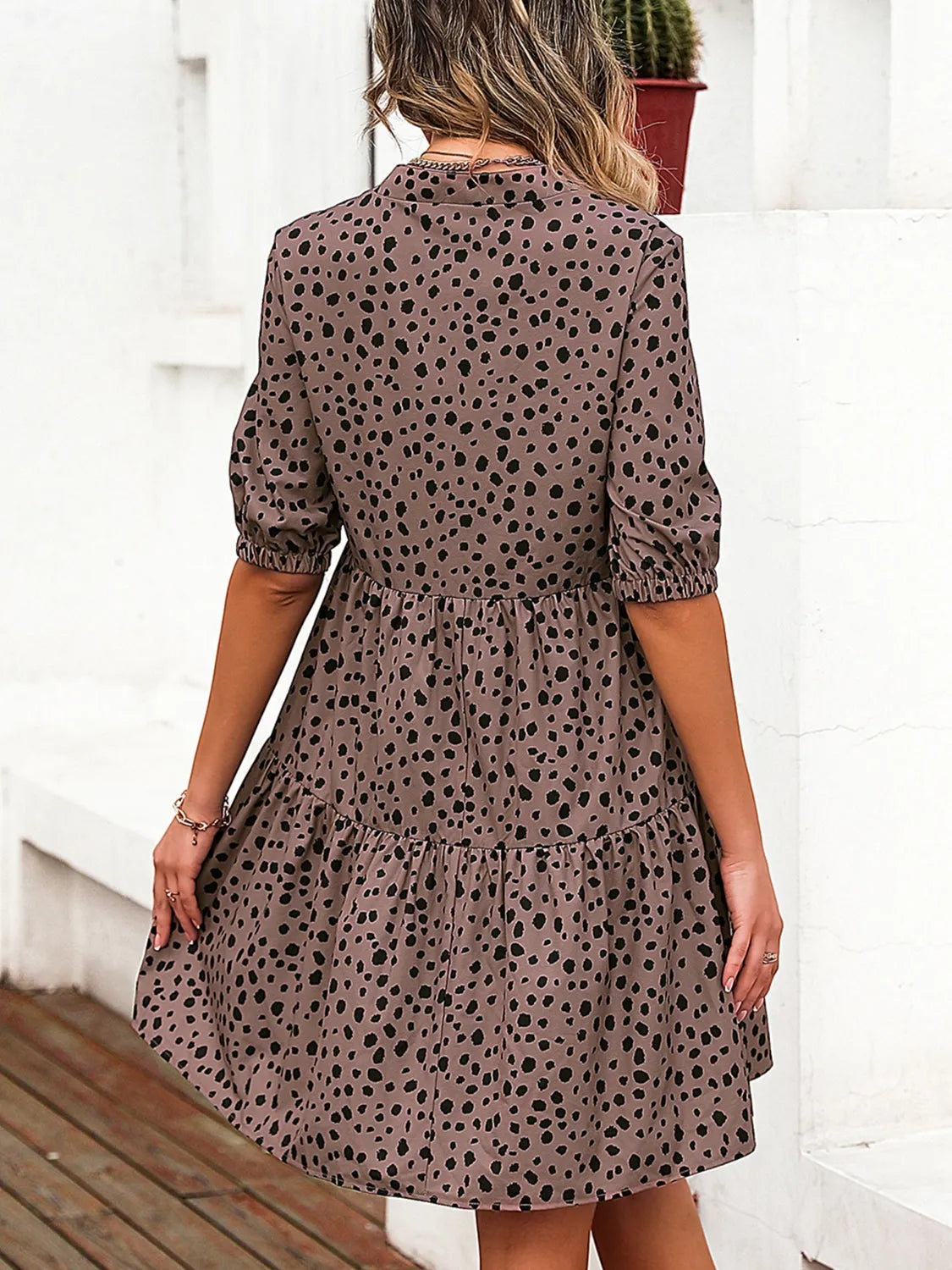 Printed Notched Half Sleeve Dress - Wellen Fashion