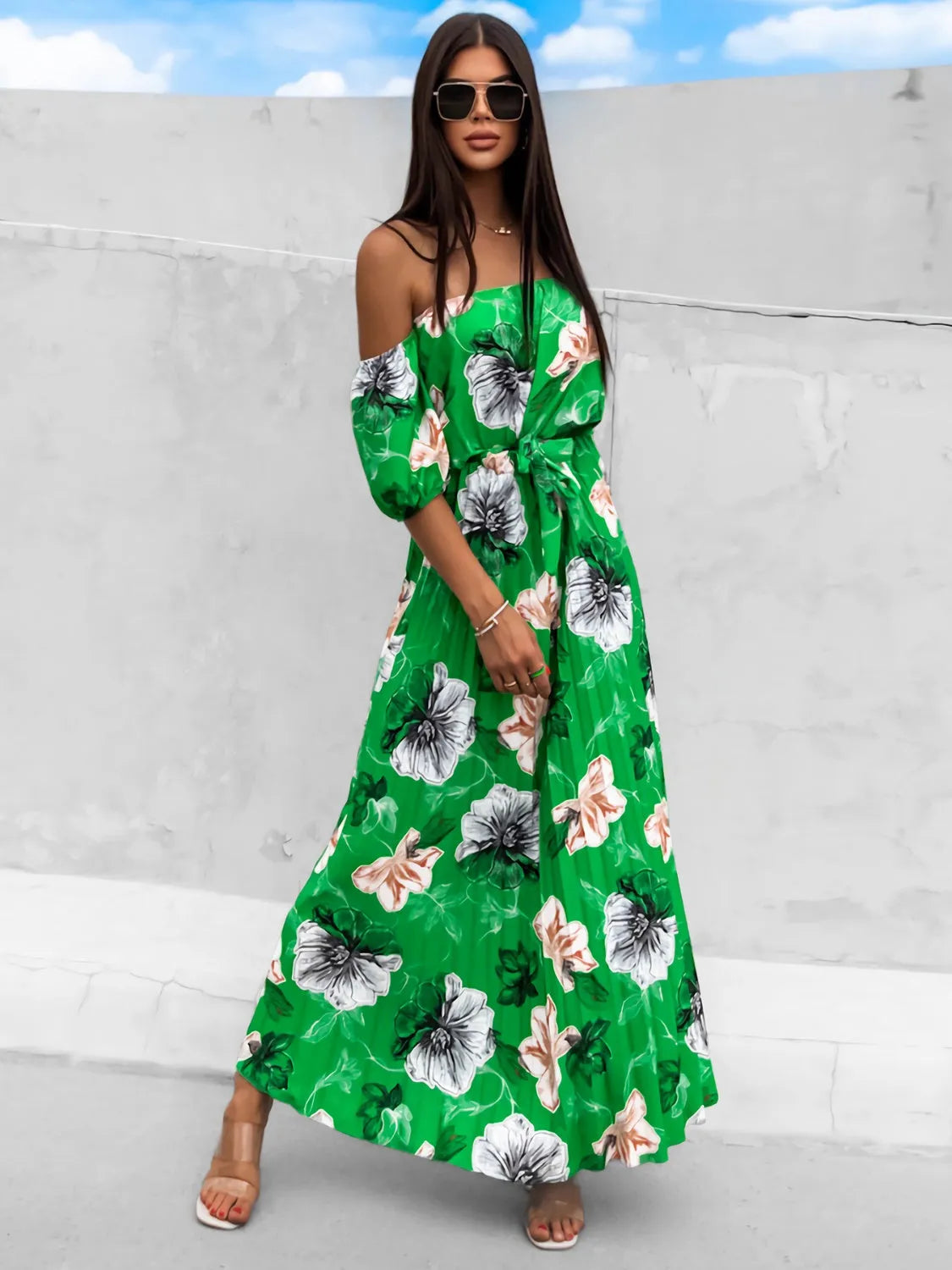 Pleated Floral Off-Shoulder Short Sleeve Midi Dress - Wellen Fashion