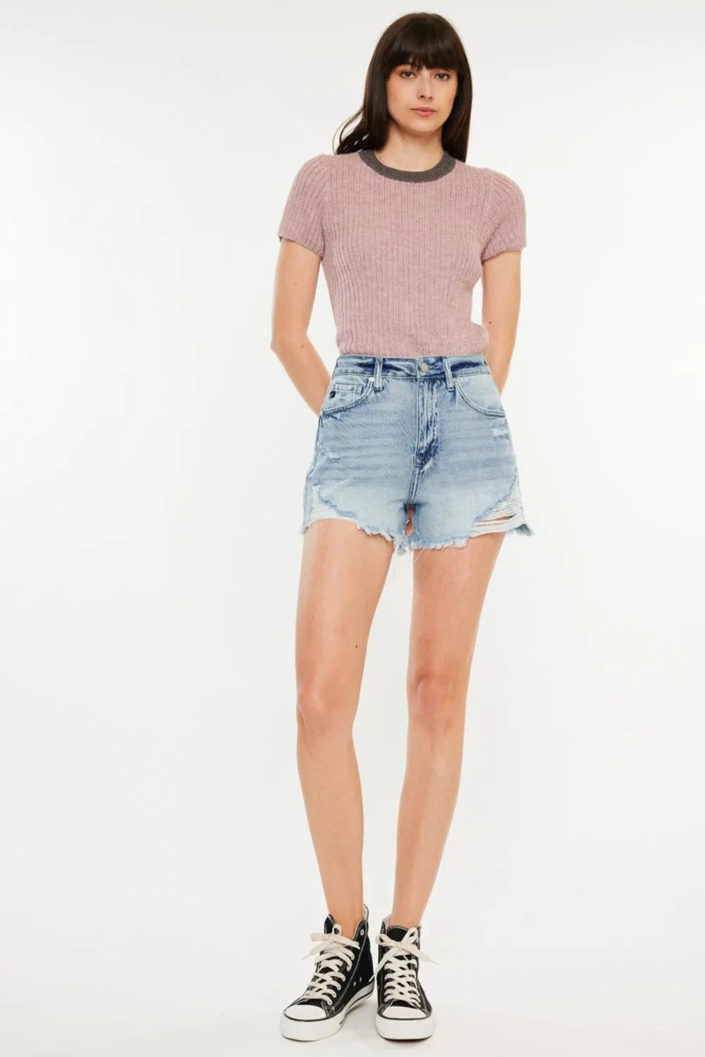 Kancan Distressed High Waist Denim Shorts with Pockets - Wellen Fashion