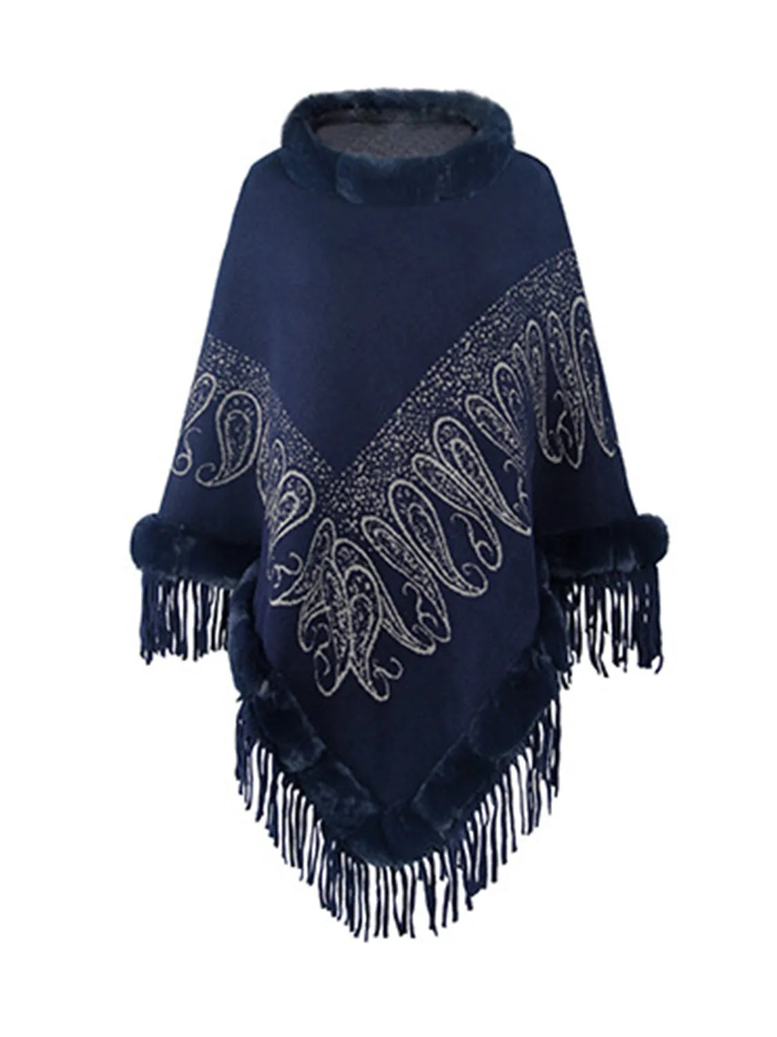 Graphic Fringe Cape Sleeve Poncho - Wellen Fashion