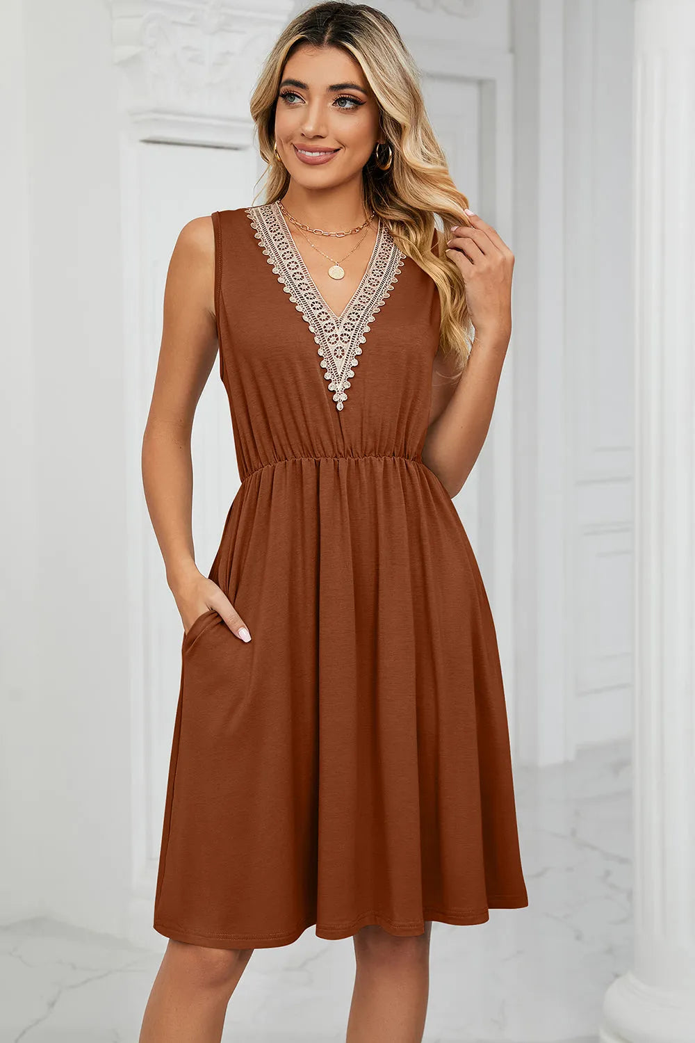 Pocketed V-Neck Wide Strap Dress - Wellen Fashion