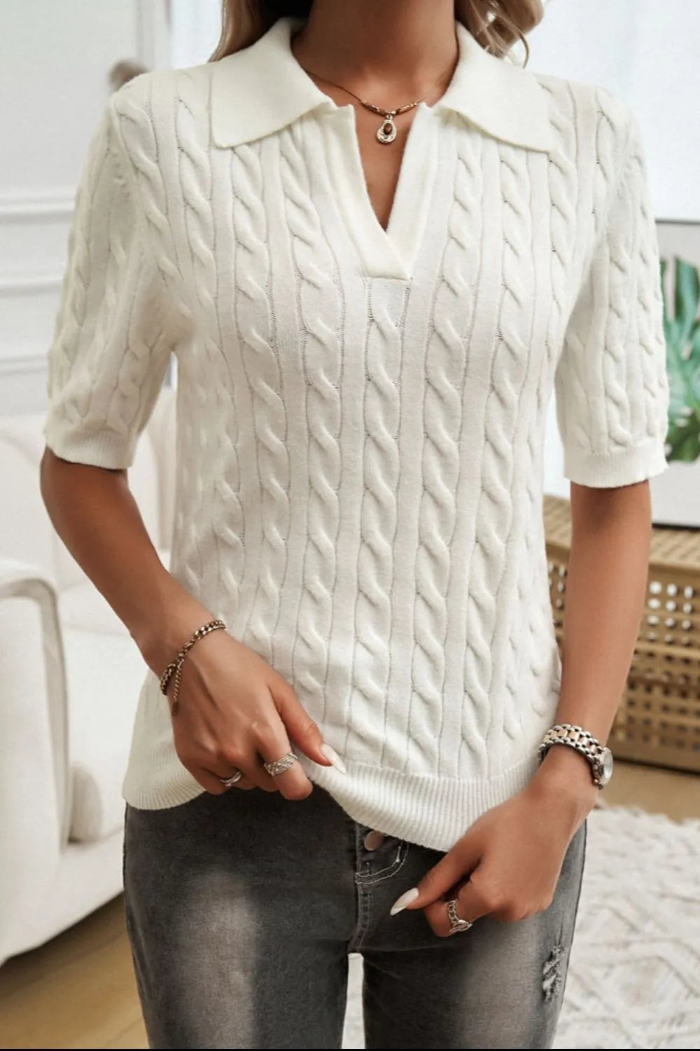 Cable-Knit Short Sleeve Sweater - Wellen Fashion