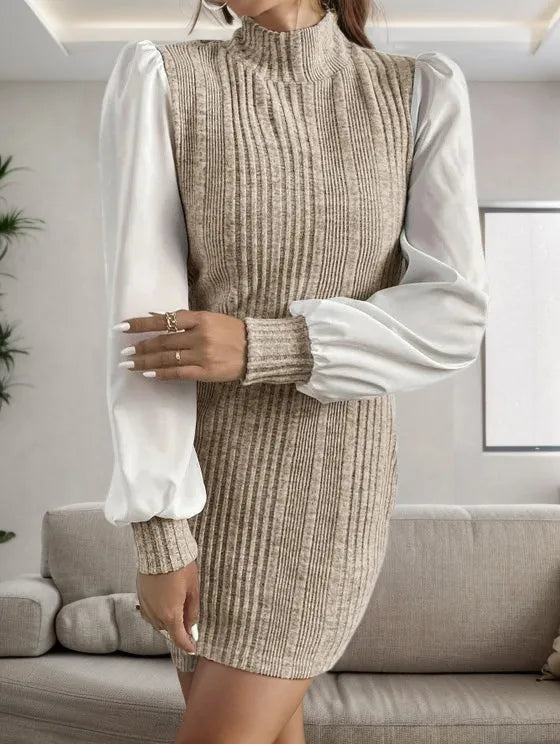 Ribbed Contrast Long Sleeve Sweater Dress - Wellen Fashion