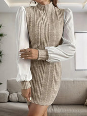 Ribbed Contrast Long Sleeve Sweater Dress - Wellen Fashion