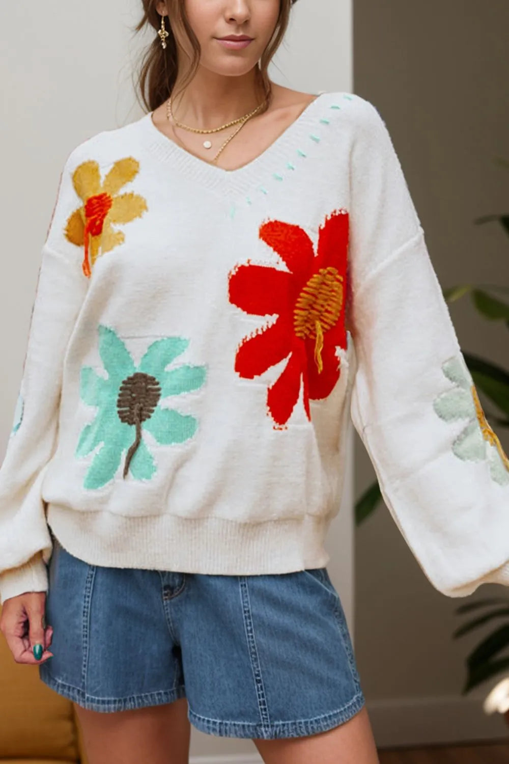 Flower V-Neck Dropped Shoulder Sweater - Wellen Fashion