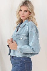 Distressed Pearl Trim Button Up Denim Jacket - Wellen Fashion