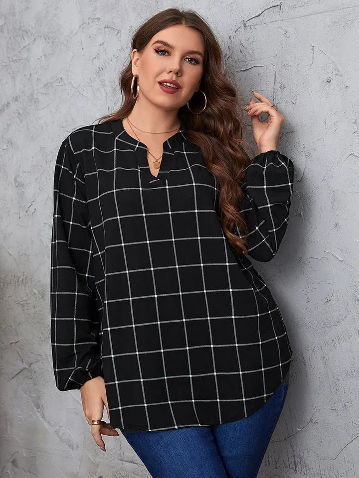 Honey Plus Size Notched Neck Long Sleeve Blouse - Wellen Fashion