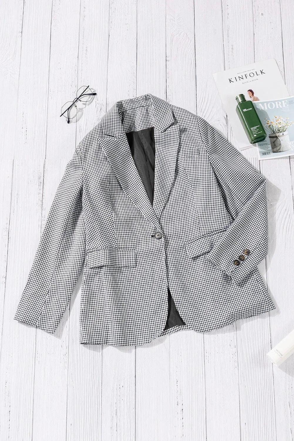 Plaid Lapel Collar Button Cuff Blazer - Wellen Fashion