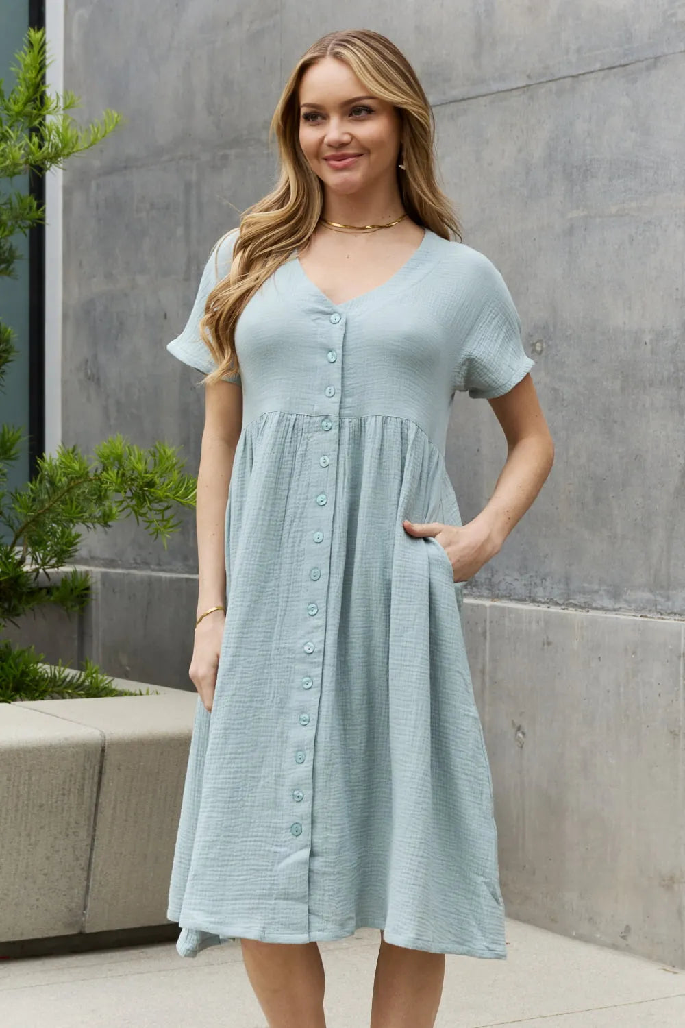 Sweet Lovely By Jen Full Size Button Down Midi Dress - Wellen Fashion