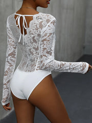 V-Neck Long Sleeve Lace Bodysuit - Wellen Fashion