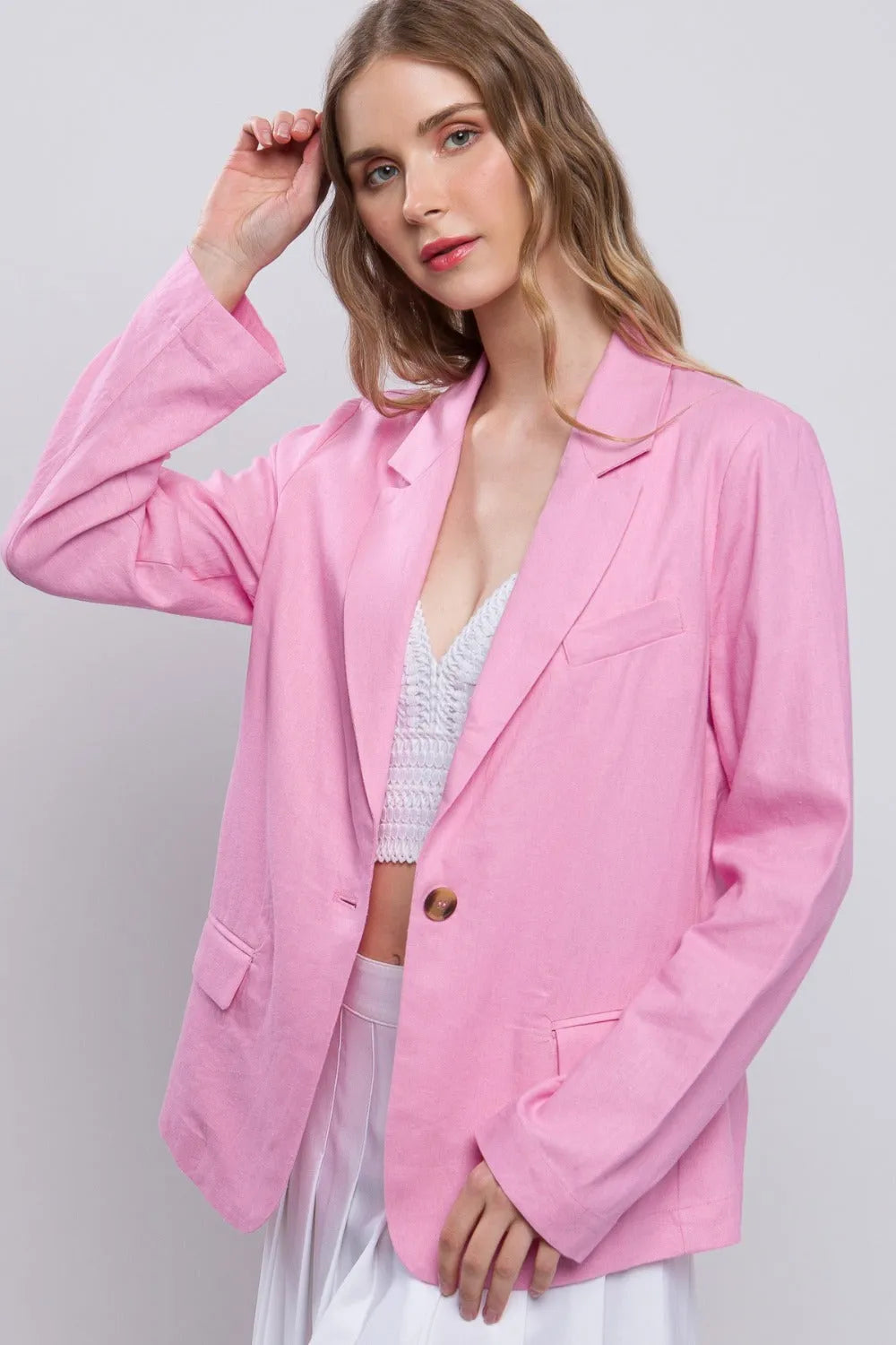 Love Tree One-Button Long Sleeve Linen Blazer - Wellen Fashion