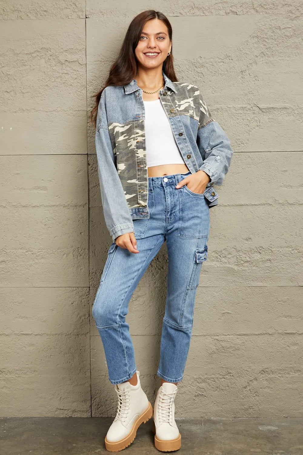 GeeGee Full Size Washed Denim Camo Contrast Jacket - Wellen Fashion