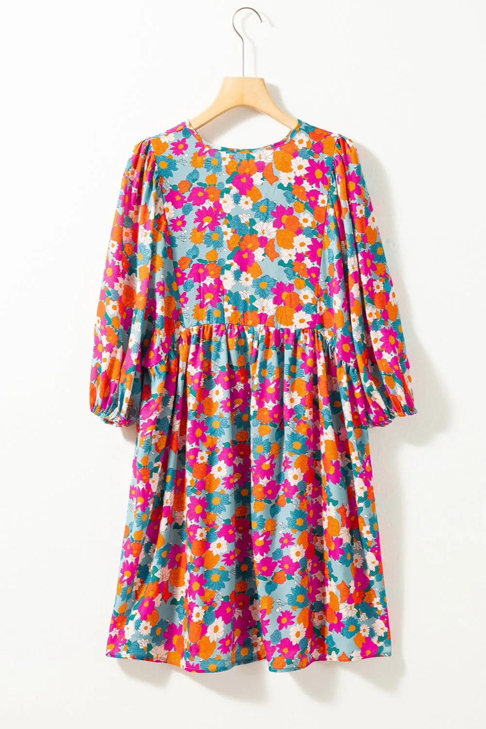 Floral Tie Neck Puff Sleeve Mini Dress - Wellen Fashion