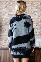 First Love Full Size Abstract Pattern Contrast Feather Yarn Sweater - Wellen Fashion