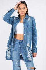 American Bazi Distressed Button Down Denim Shirt Jacket - Wellen Fashion