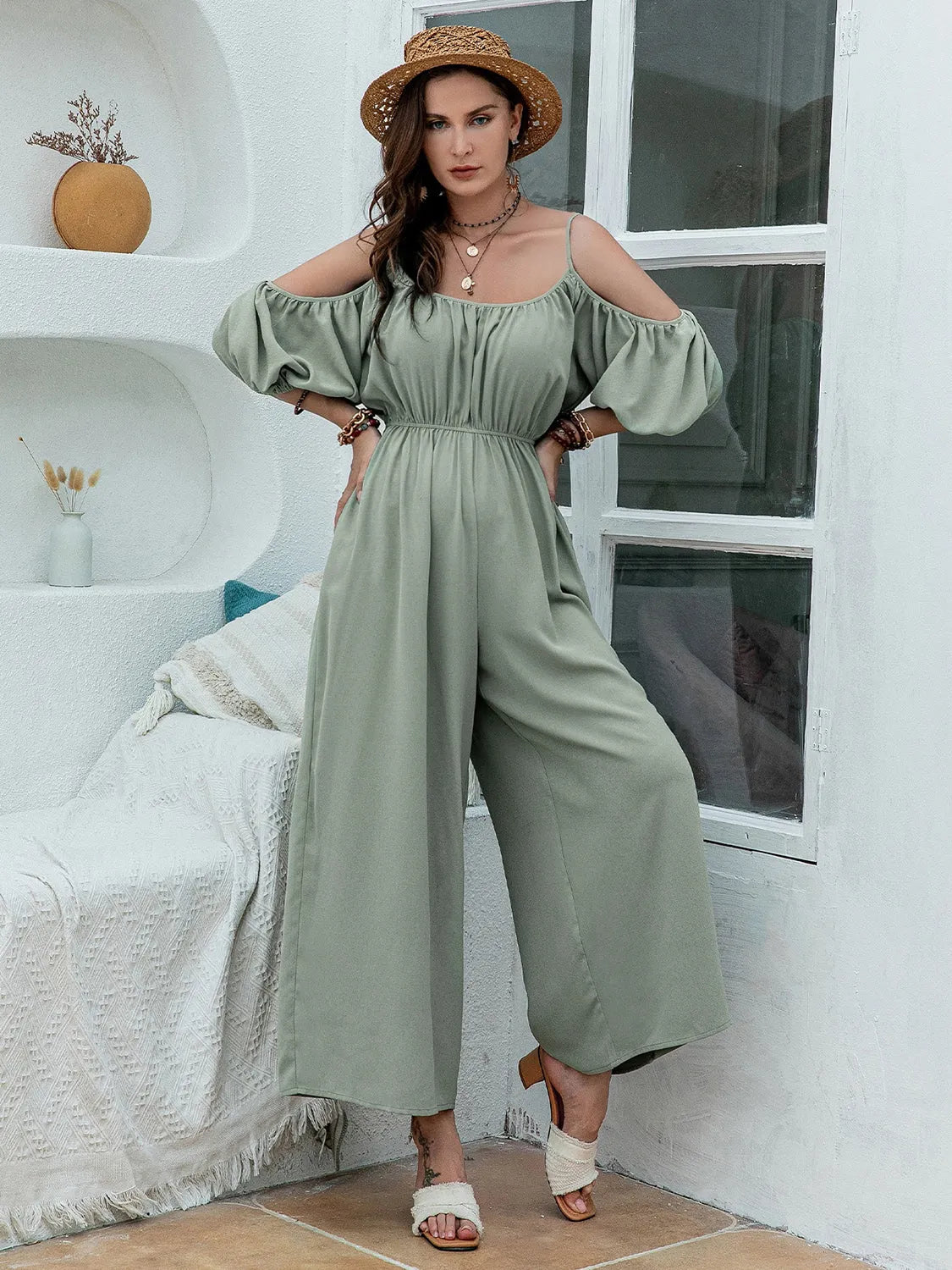 Spaghetti Strap Wide Leg Jumpsuit - Wellen Fashion