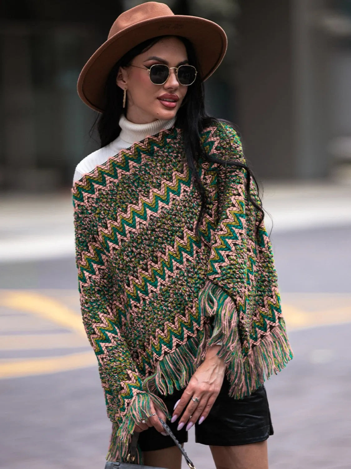 Fringe Hem Boat Neck Poncho - Wellen Fashion