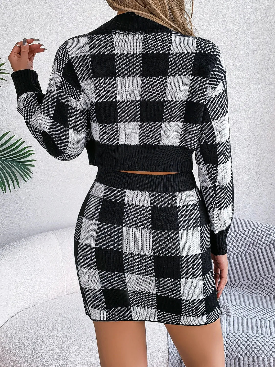 Plaid Round Neck Top and Skirt Sweater Set - Wellen Fashion