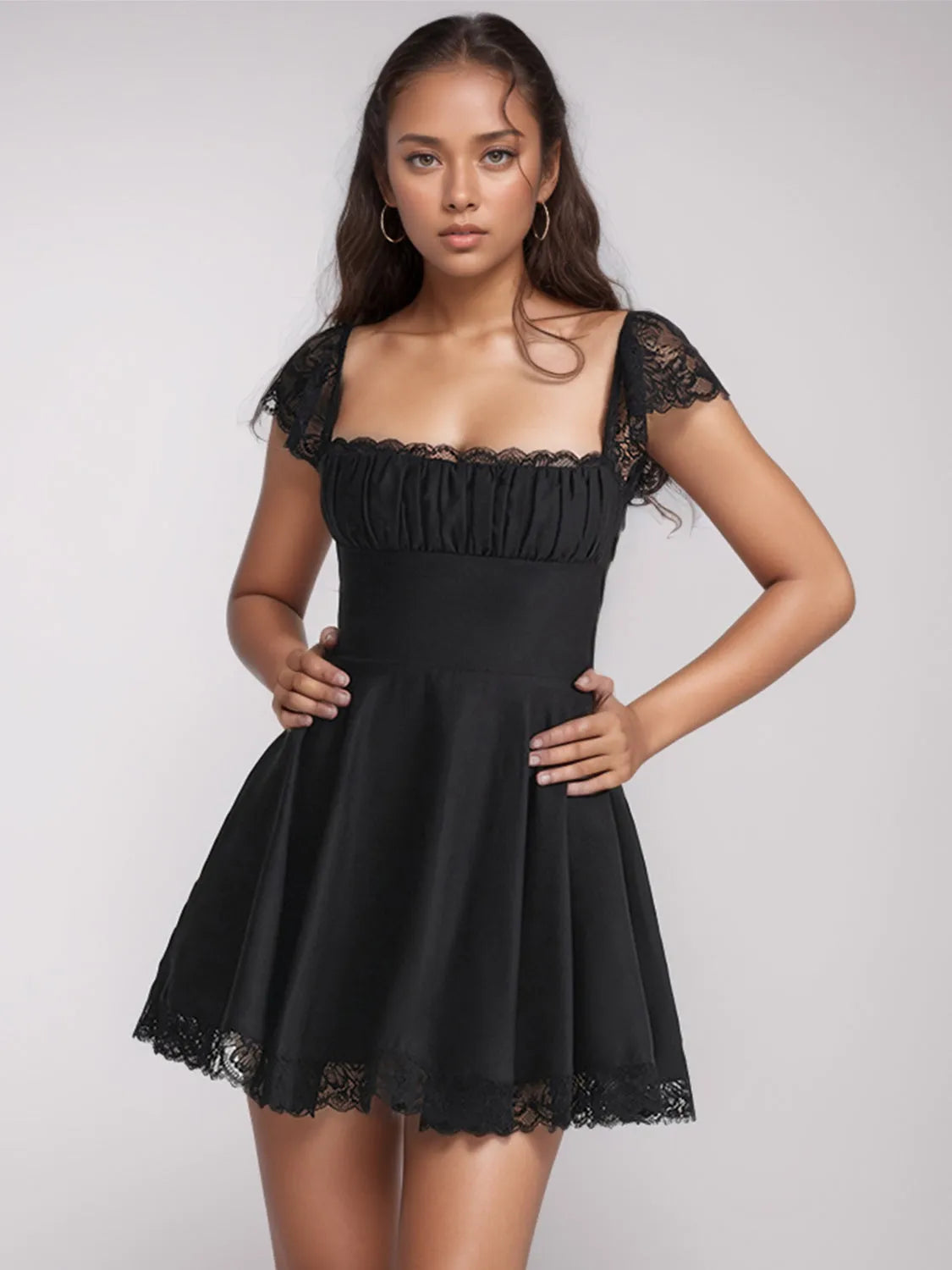 Lace Detail Square Neck Cap Sleeve Mini Dress - Wellen Fashion