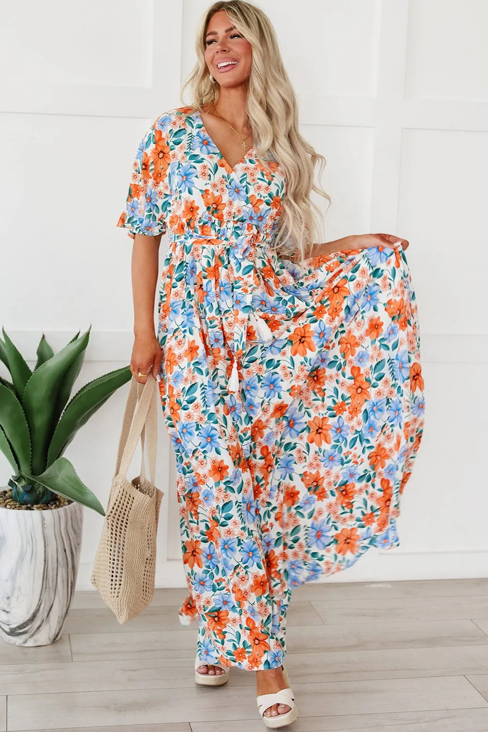 Tied Slit Printed Half Sleeve Maxi Dress - Wellen Fashion