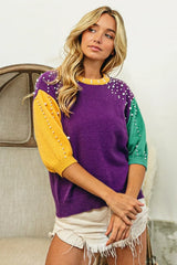 BiBi Color Block Pearl Detail Round Neck Sweater - Wellen Fashion