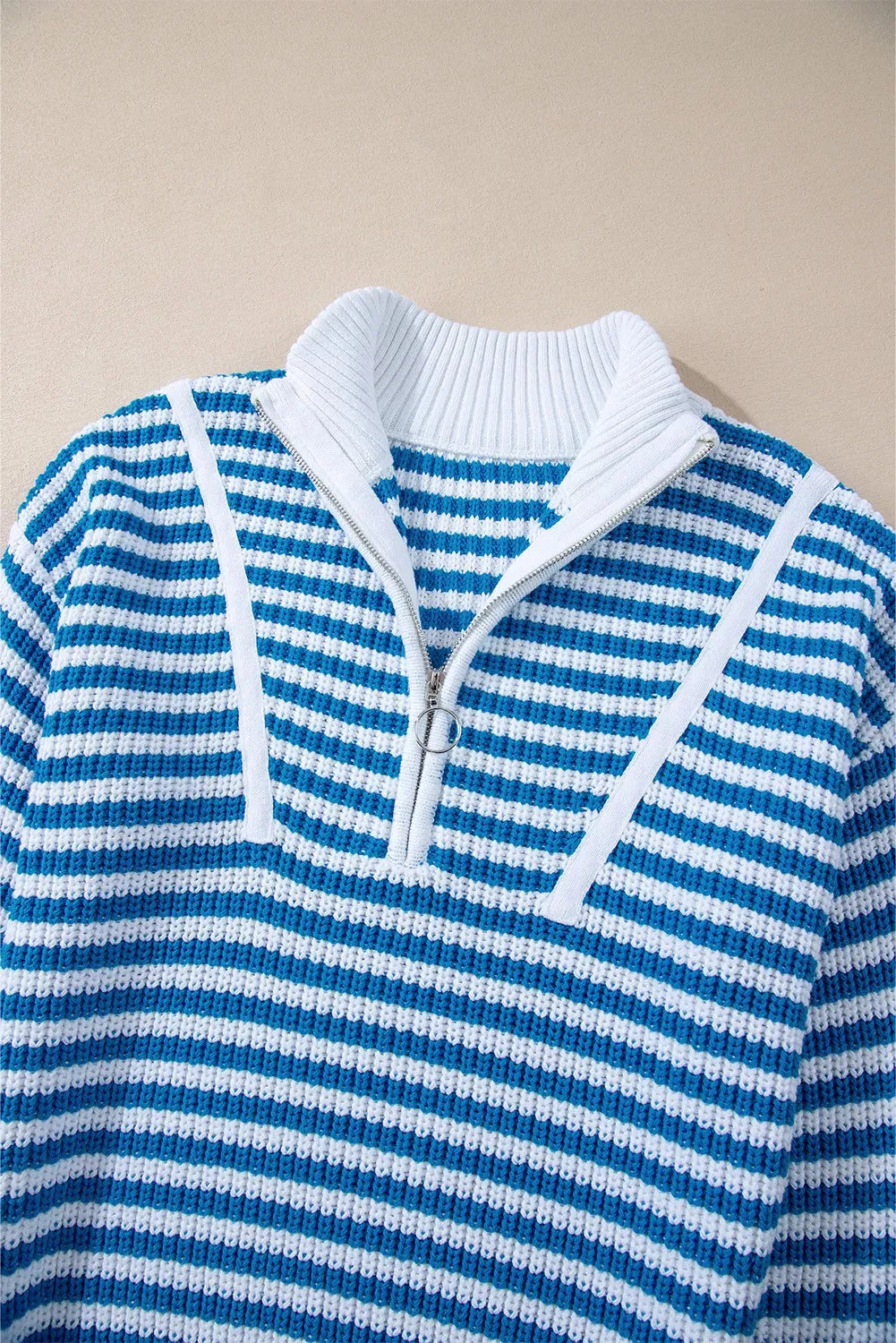 Striped Half Zip Long Sleeve Sweater - Wellen Fashion