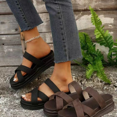 Crisscross PU Leather Flat Sandals - Wellen Fashion