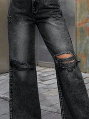 Distressed Wide Leg Jeans with Pockets - Wellen Fashion