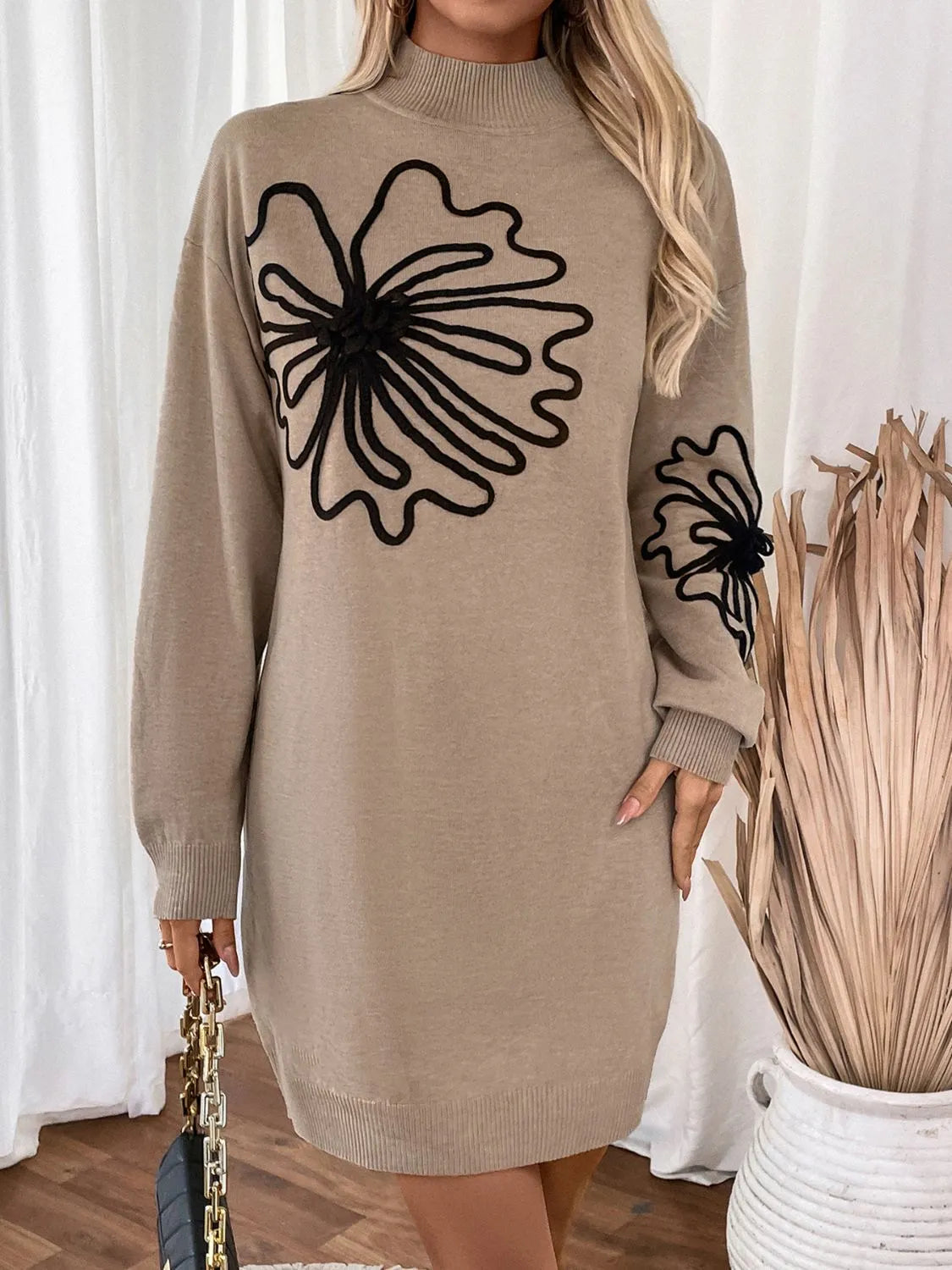 Perfee Flower Mock Neck Long Sleeve Sweater Dress - Wellen Fashion