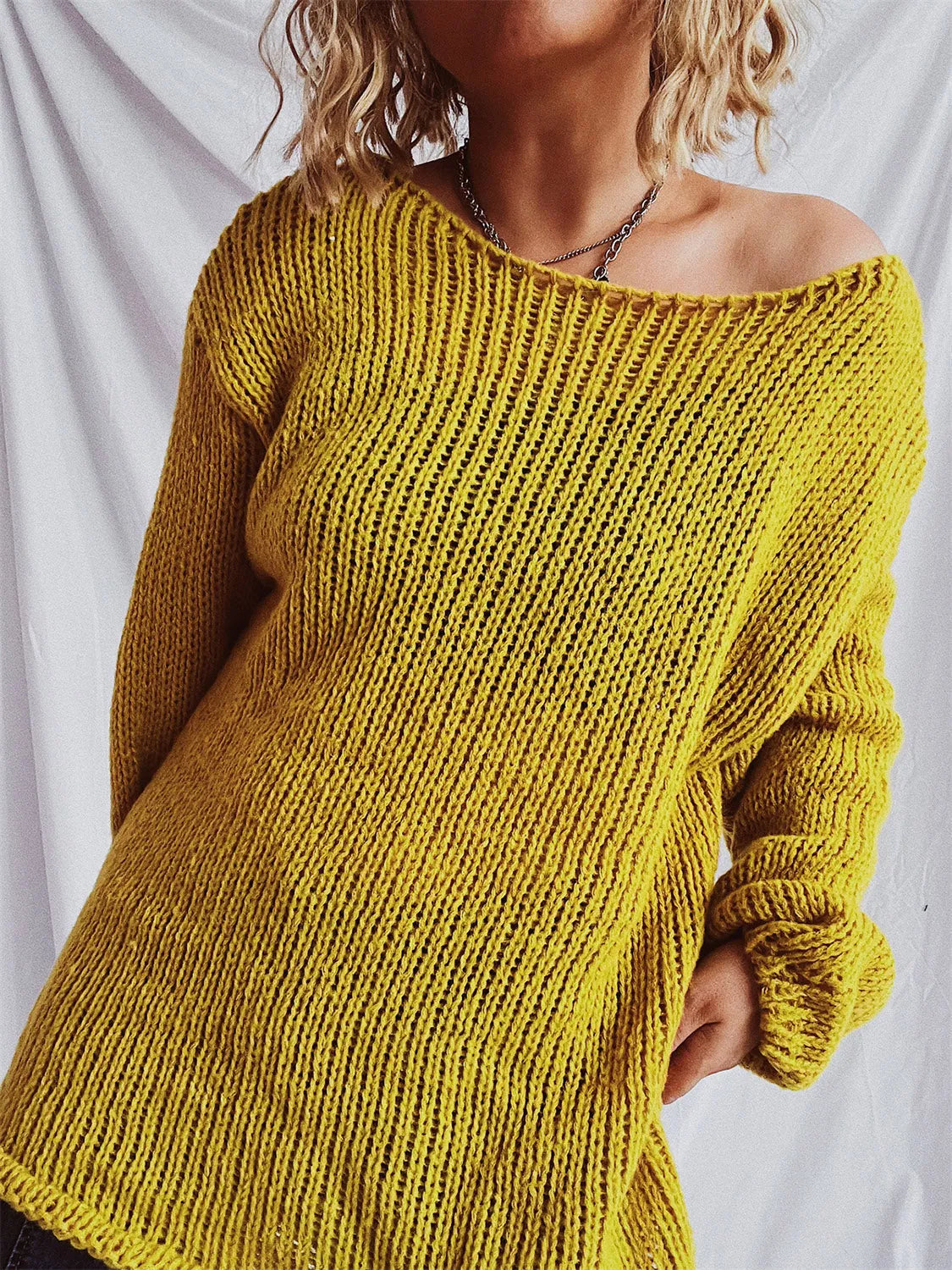 Boat Neck Dropped Shoulder Sweater - Wellen Fashion