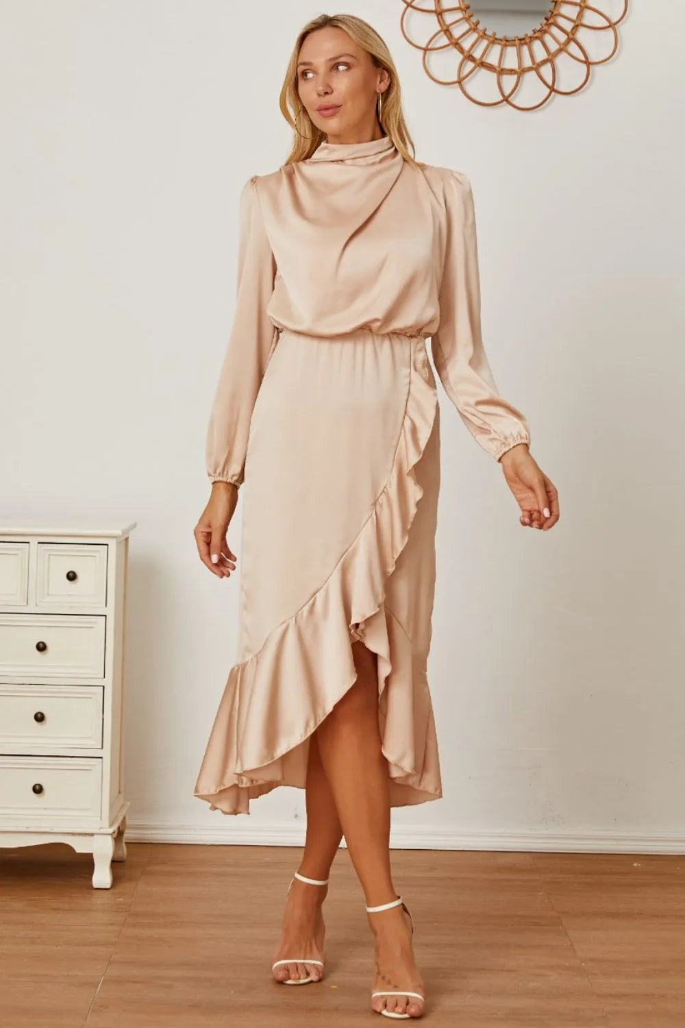 Mock Neck Ruffled Asymmetrical Dress - Wellen Fashion